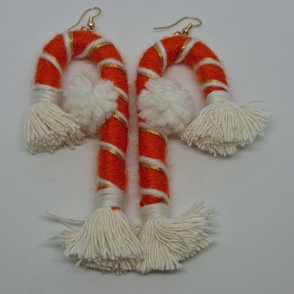 Candy Cane Christmas Earrings Large Cloth Handmade Orange Cream Gold pompoms